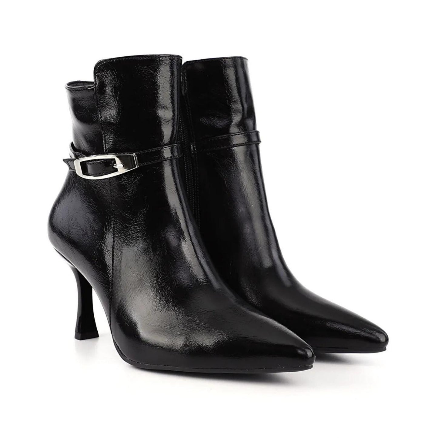 Black Patent Leather Ankle Boots | Elegant Pointed Toe Heeled Booties | Handmade Women’s Zip Boots