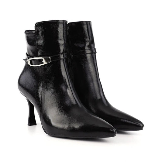 Black Patent Leather Ankle Boots | Elegant Pointed Toe Heeled Booties | Handmade Women’s Zip Boots