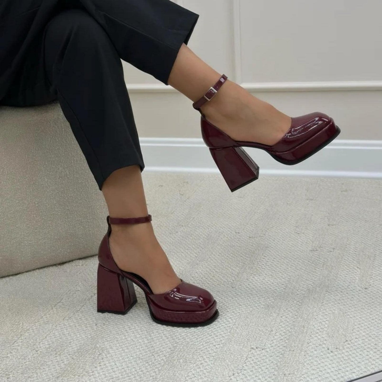 Burgundy Patent Platform Heels | Chunky Block Heel Mary Jane Shoes | Elegant Glossy Ankle Strap Pumps