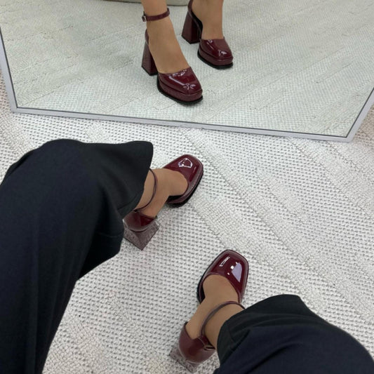 Burgundy Patent Platform Heels | Chunky Block Heel Mary Jane Shoes | Elegant Glossy Ankle Strap Pumps