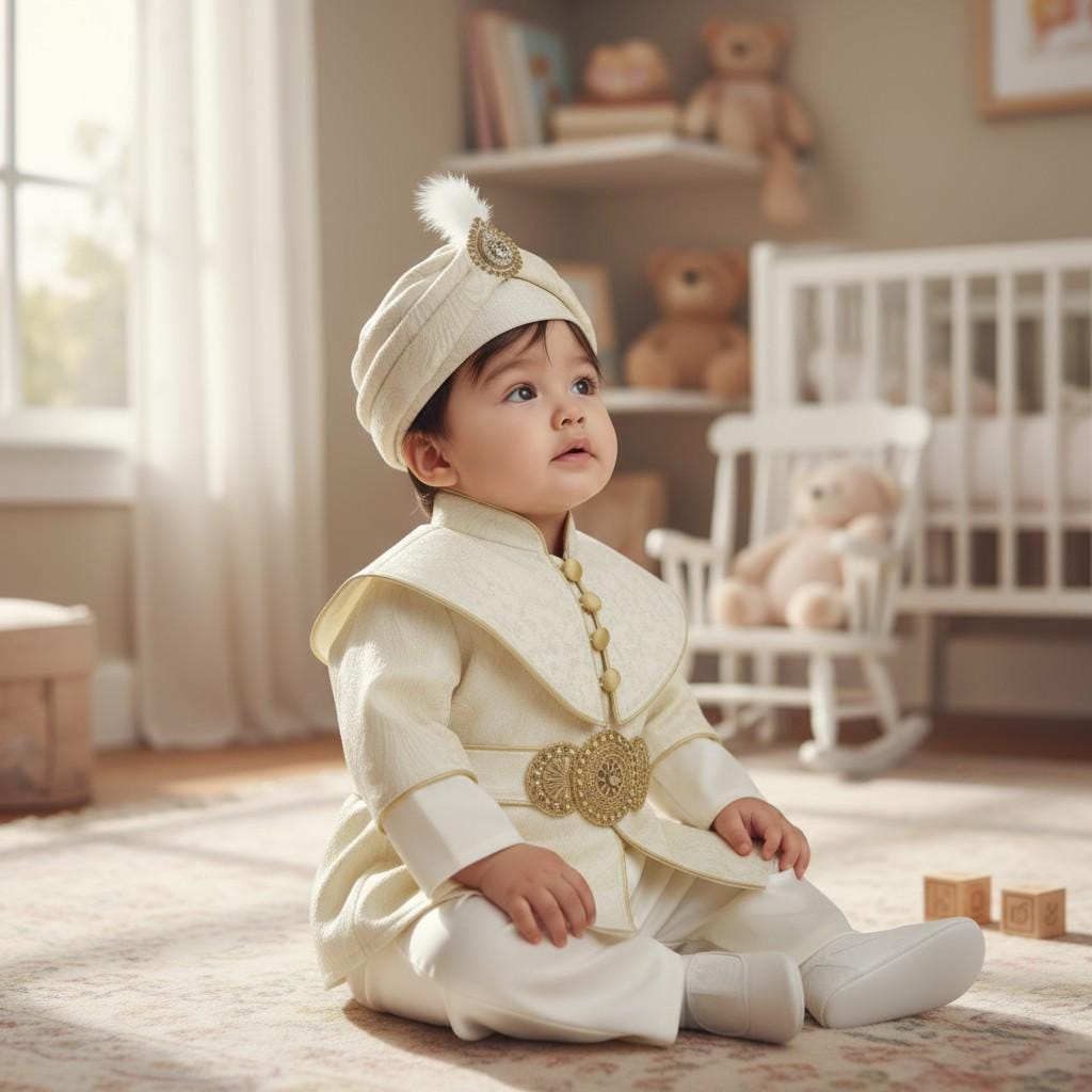 Ottoman Baby Boy Outfit 0–12 Months | Gold Embroidered Ceremony Set with Hat & Pants | Traditional Turkish Baby Costume for Special Occasion