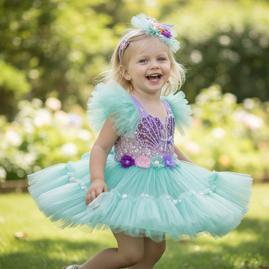 Mermaid Baby Girl Dress | Tulle Party Costume with Headband | Ocean Theme Birthday Outfit | Handmade Baby Princess Dress