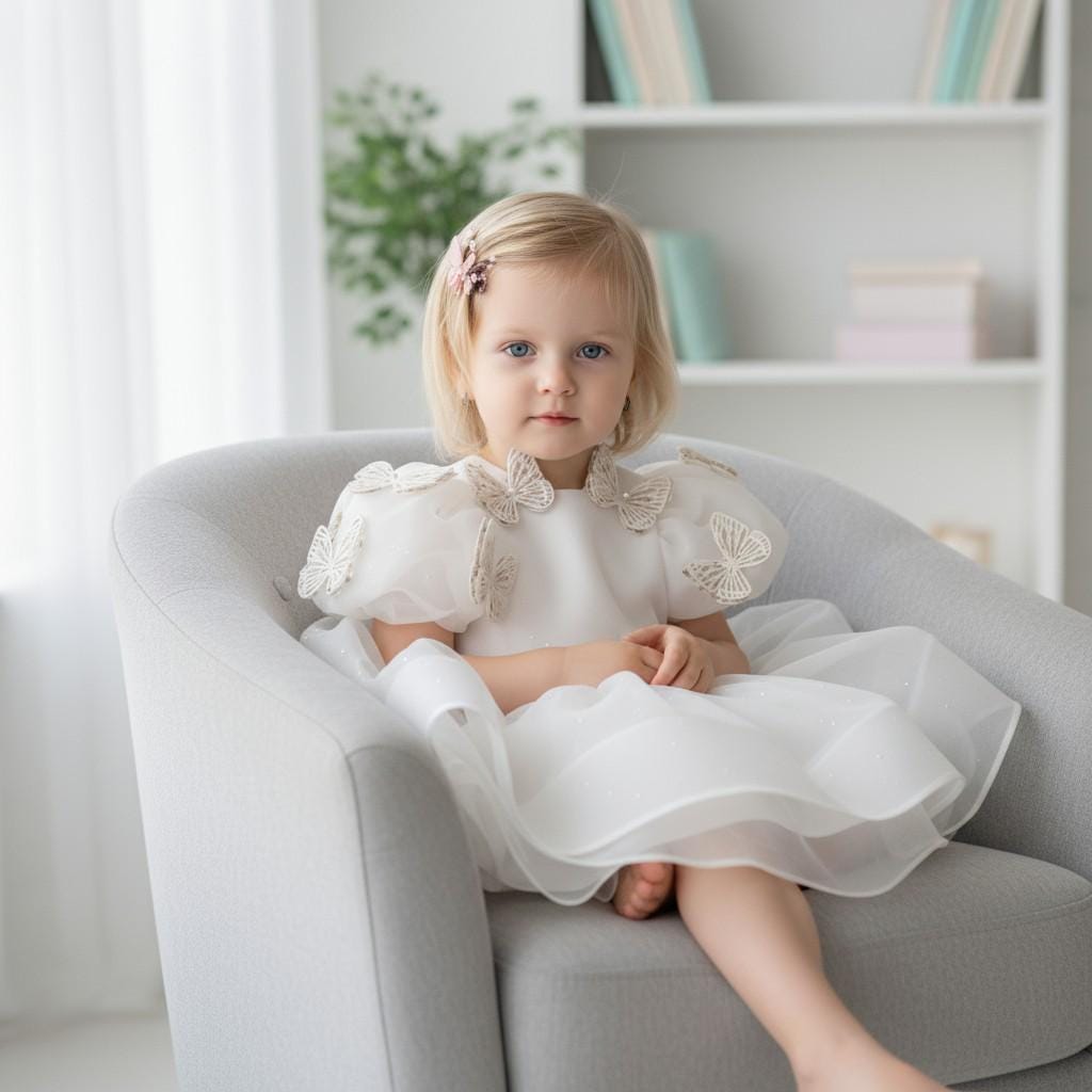 Golden Fairy Girl Dress | White Tulle Party Dress with Gold Wings | Elegant Princess Outfit for Girls