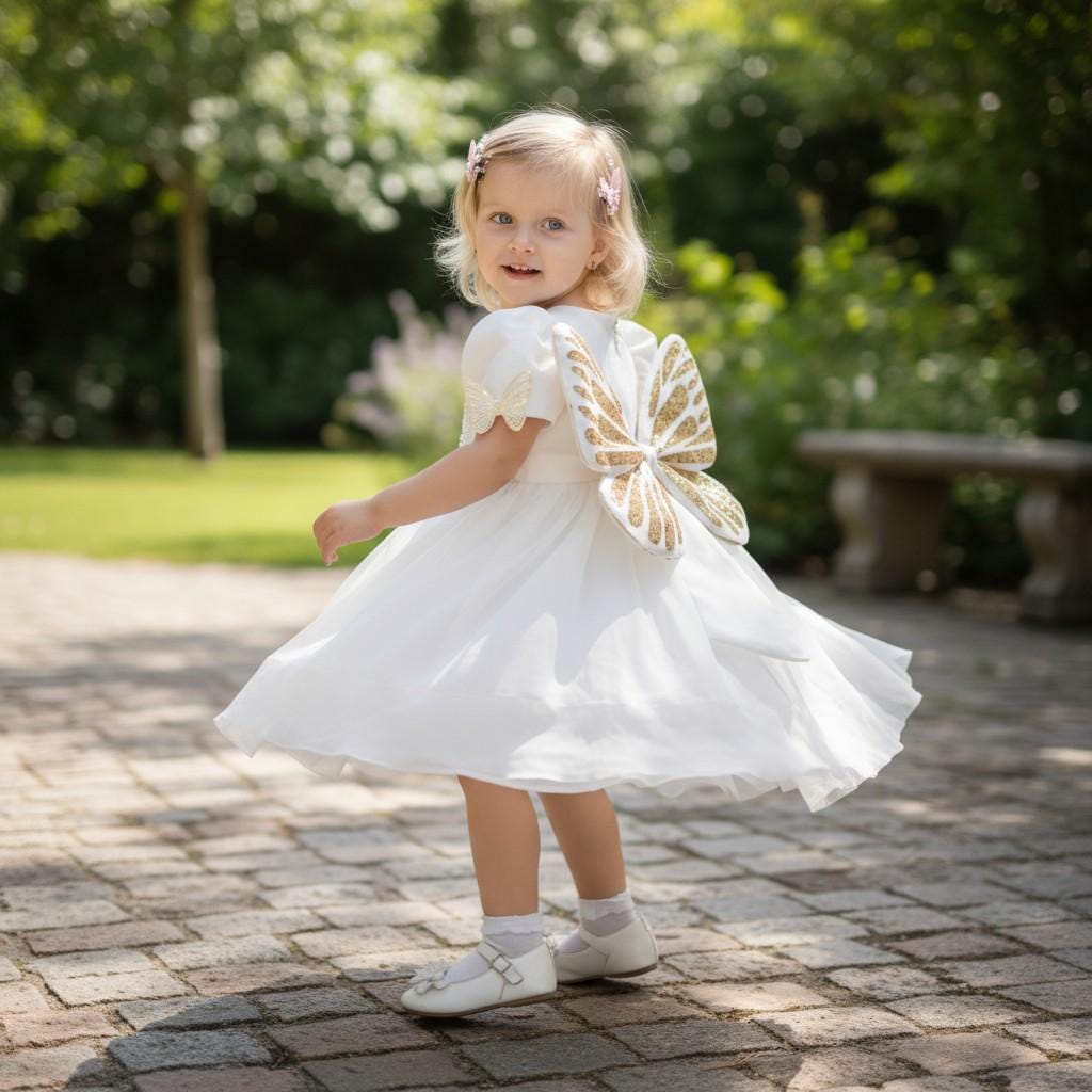 Golden Fairy Girl Dress | White Tulle Party Dress with Gold Wings | Elegant Princess Outfit for Girls