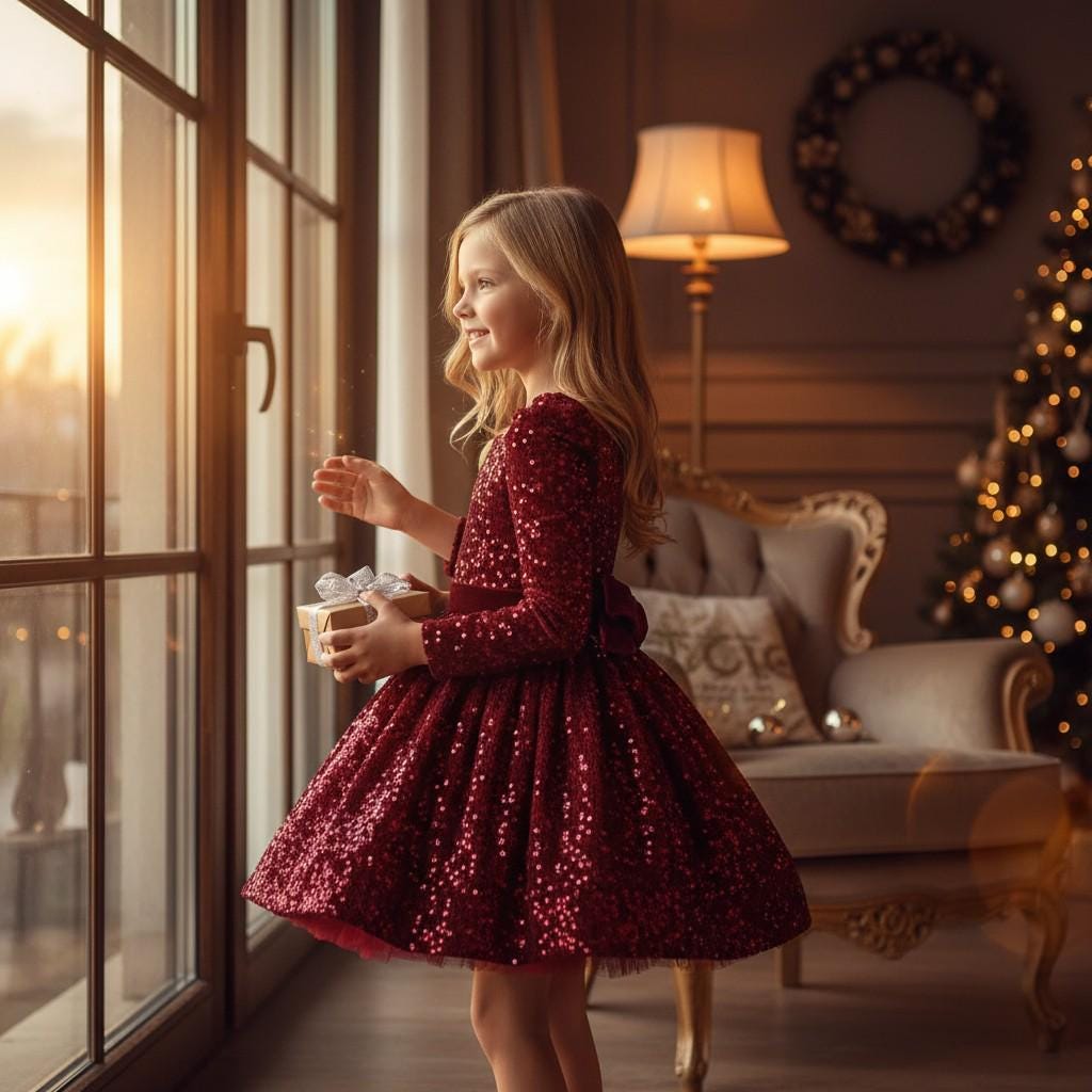 Burgundy Velvet Sequin Party Dress for Girls | Holiday Special Occasion Dress | Elegant Toddler Birthday Dress with Bow |