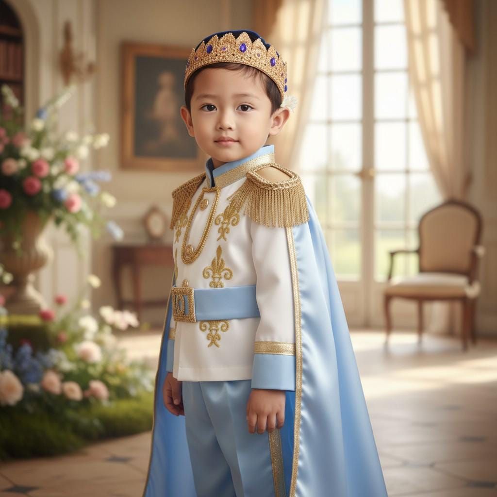 Blue Gold Birthday Outfit | Handmade Regal Suit with Crown  Cape