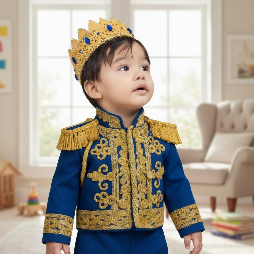 Prince Charming Baby Costume,Royal Blue Gold Embroidered Suit for Kids | Luxury Ceremonial Set
