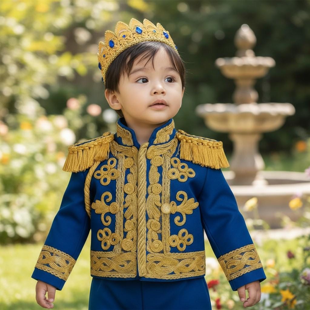 Prince Charming Baby Costume,Royal Blue Gold Embroidered Suit for Kids | Luxury Ceremonial Set