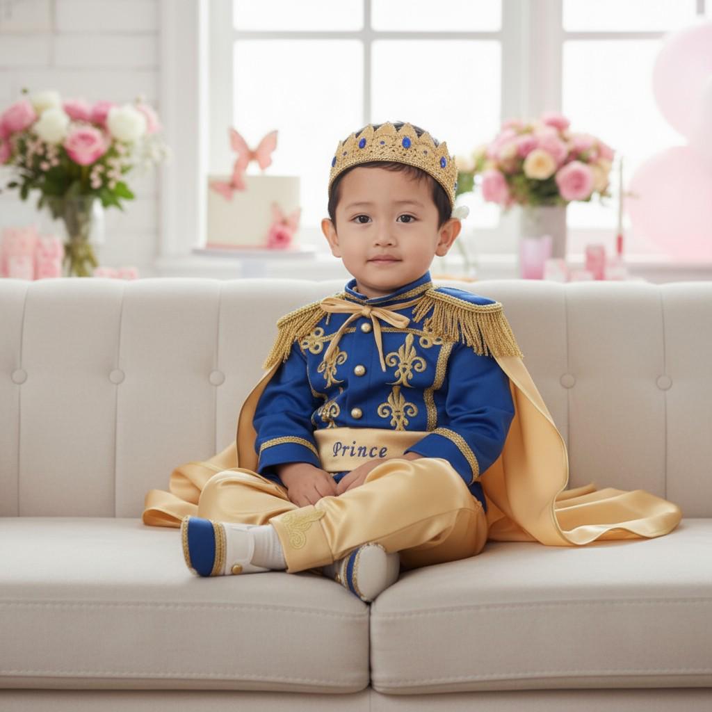 Custom Royal Blue Prince Outfit for Baby Boys | Personalized First Birthday Costume with Gold Embroidery | Luxury Handmade Prince Suit