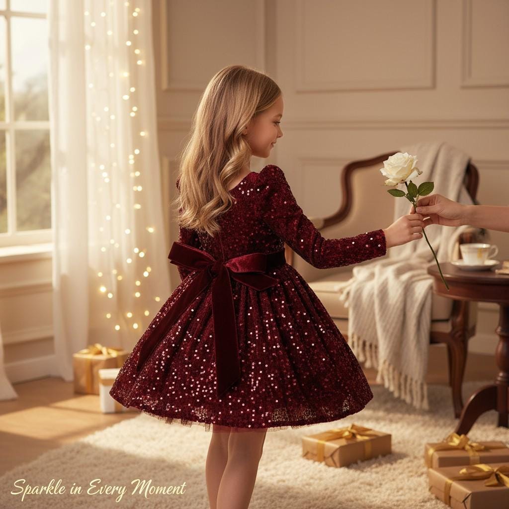 Burgundy Velvet Sequin Party Dress for Girls | Holiday Special Occasion Dress | Elegant Toddler Birthday Dress with Bow |