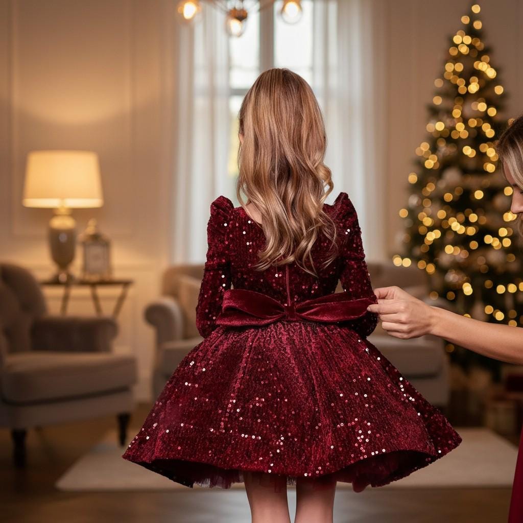 Burgundy Velvet Sequin Party Dress for Girls | Holiday Special Occasion Dress | Elegant Toddler Birthday Dress with Bow |