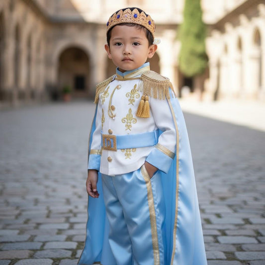 Blue Gold Birthday Outfit | Handmade Regal Suit with Crown  Cape
