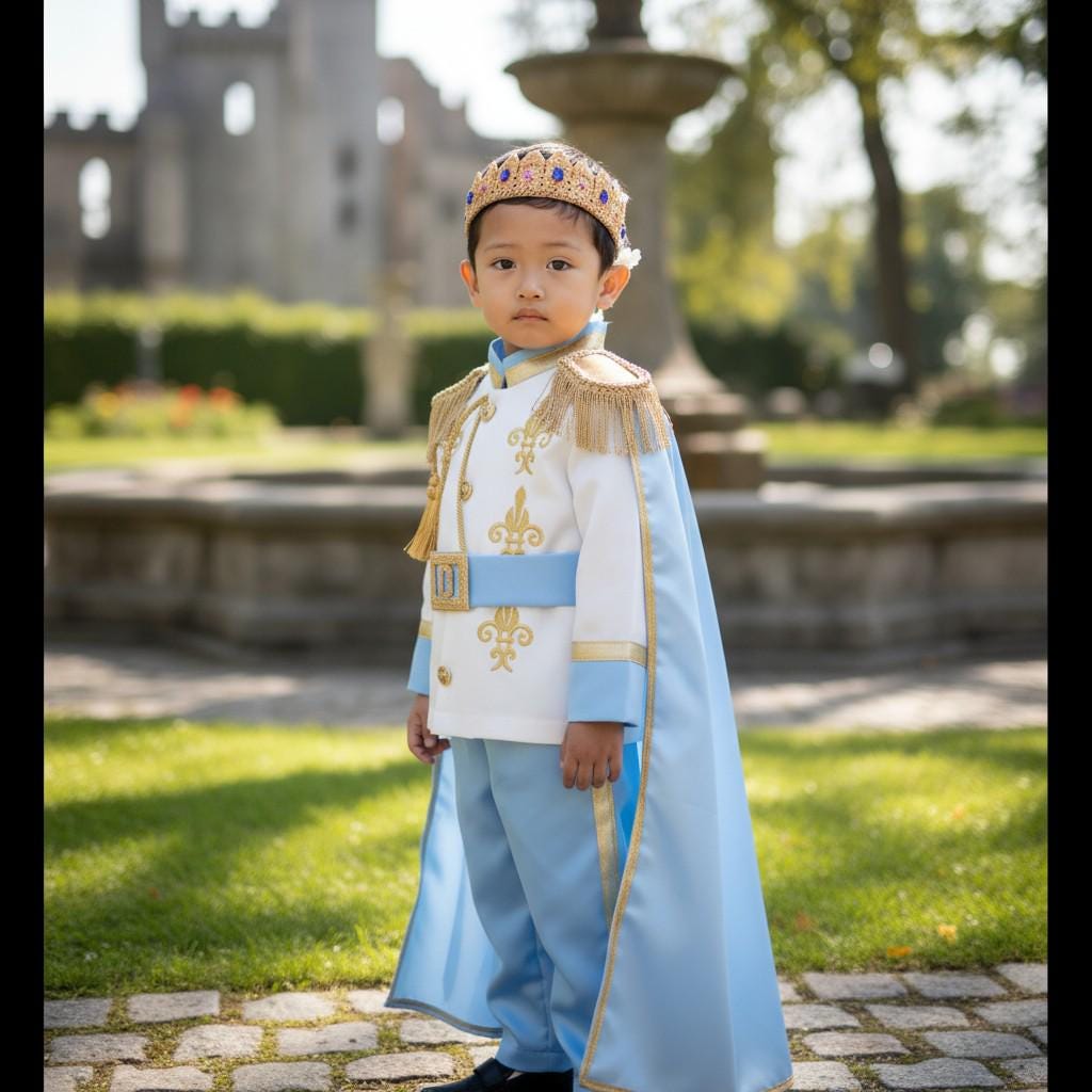 Blue Gold Birthday Outfit | Handmade Regal Suit with Crown  Cape