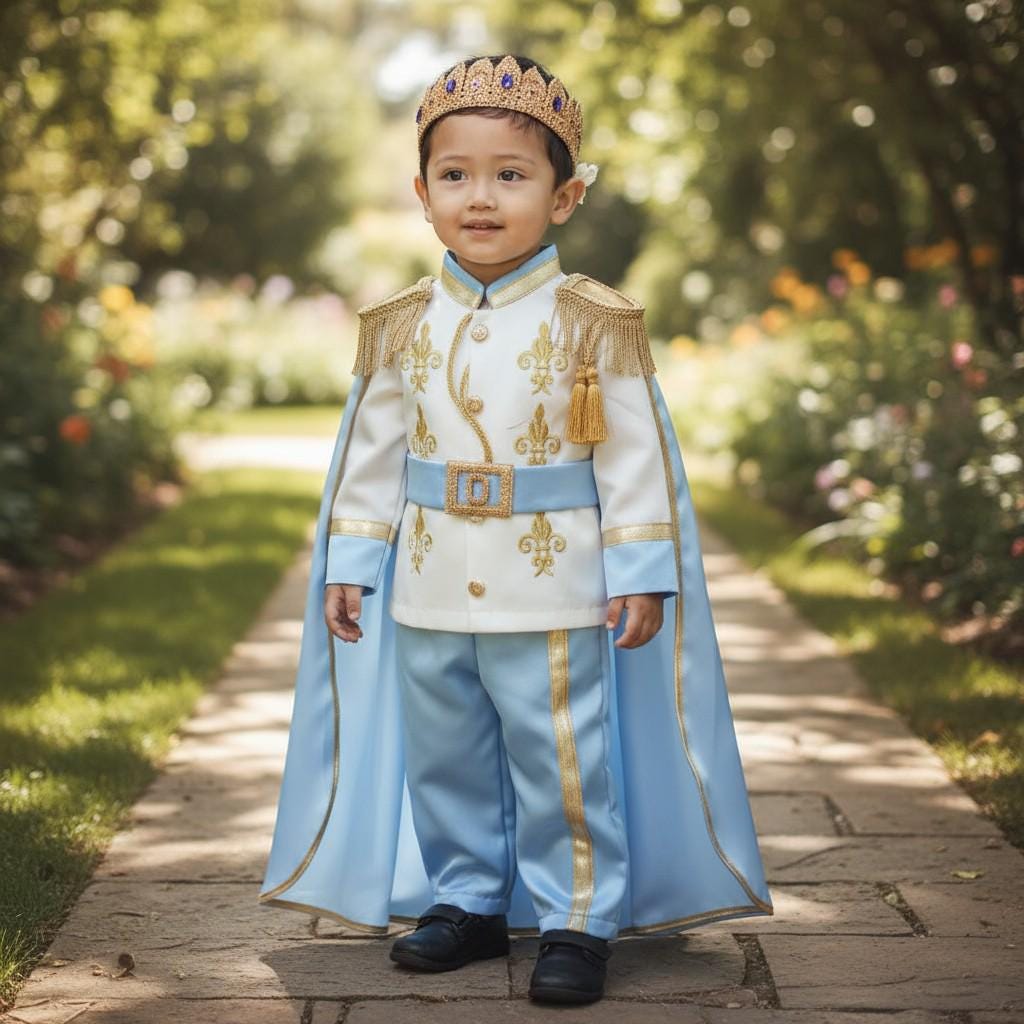 Blue Gold Birthday Outfit | Handmade Regal Suit with Crown  Cape