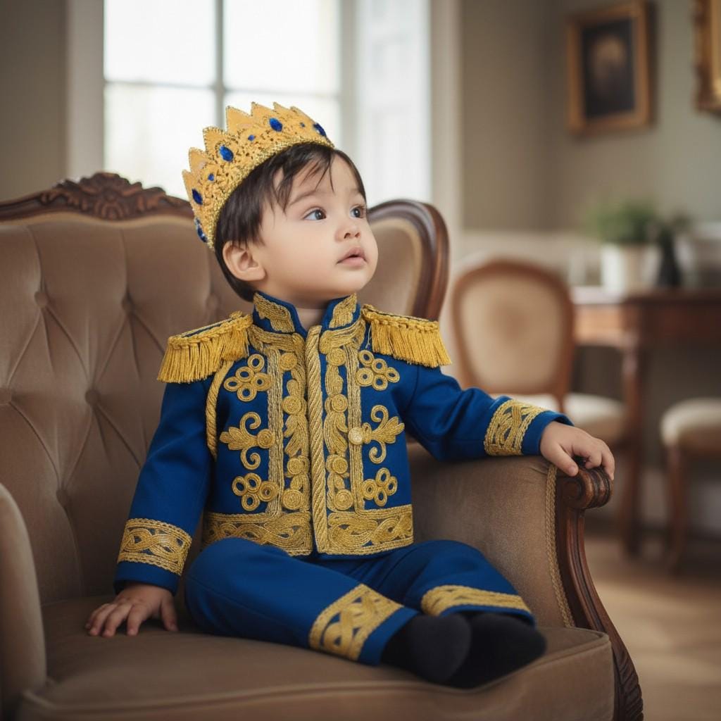 Prince Charming Baby Costume,Royal Blue Gold Embroidered Suit for Kids | Luxury Ceremonial Set