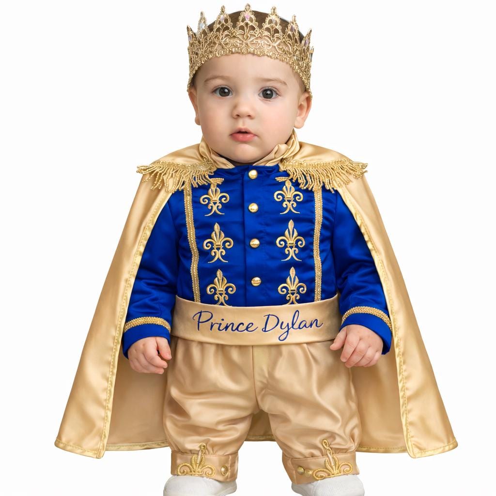 Personalized Royal Blue Gold Prince Baby Outfit – Custom Name First Birthday Boy Costume