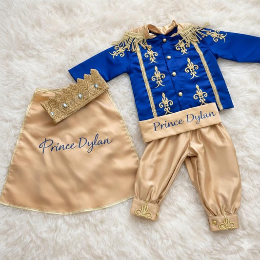 Personalized Royal Blue Gold Prince Baby Outfit – Custom Name First Birthday Boy Costume