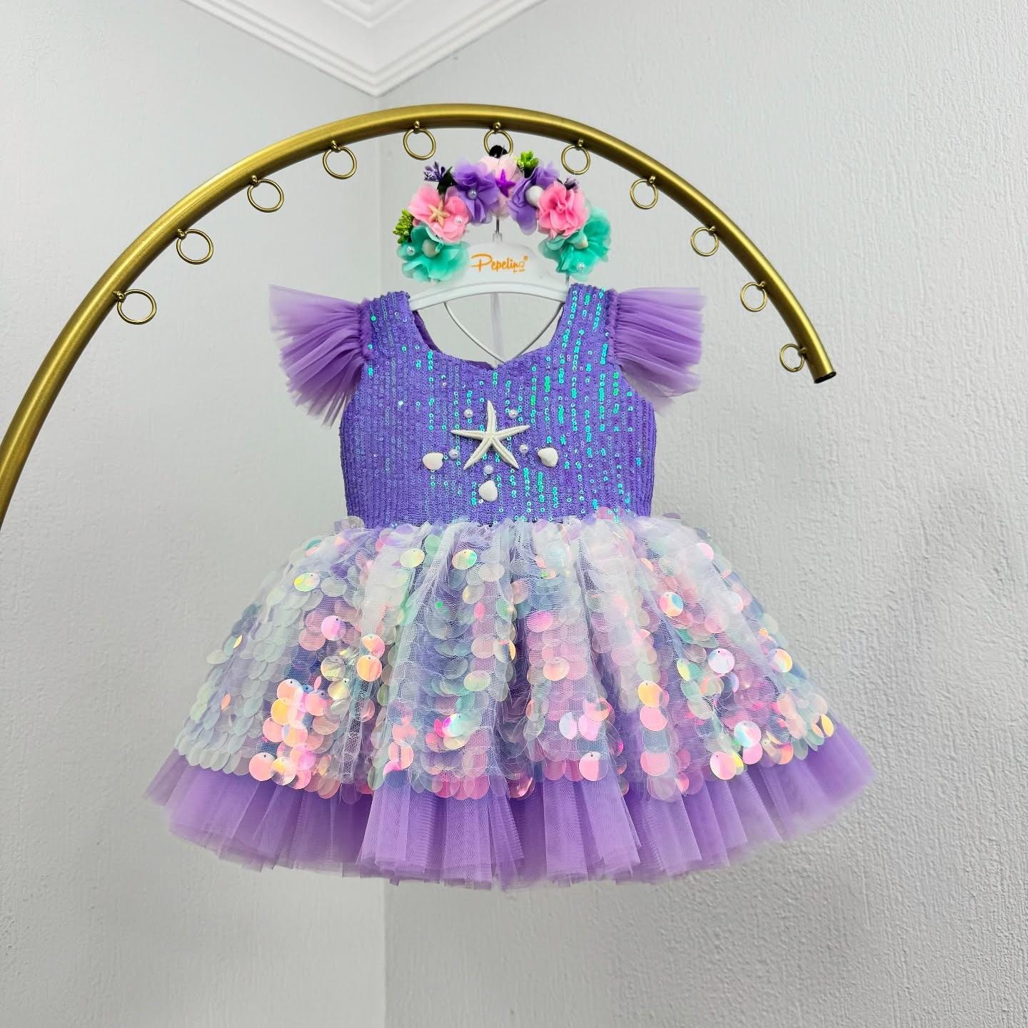 Purple Mermaid Baby Dress – Handmade Sequin Tulle Birthday Outfit for Girls – Luxury Toddler Party Dress