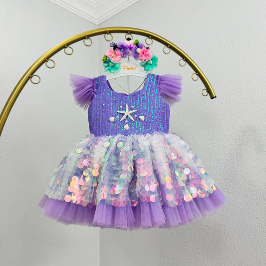 Purple Mermaid Baby Dress – Handmade Sequin Tulle Birthday Outfit for Girls – Luxury Toddler Party Dress
