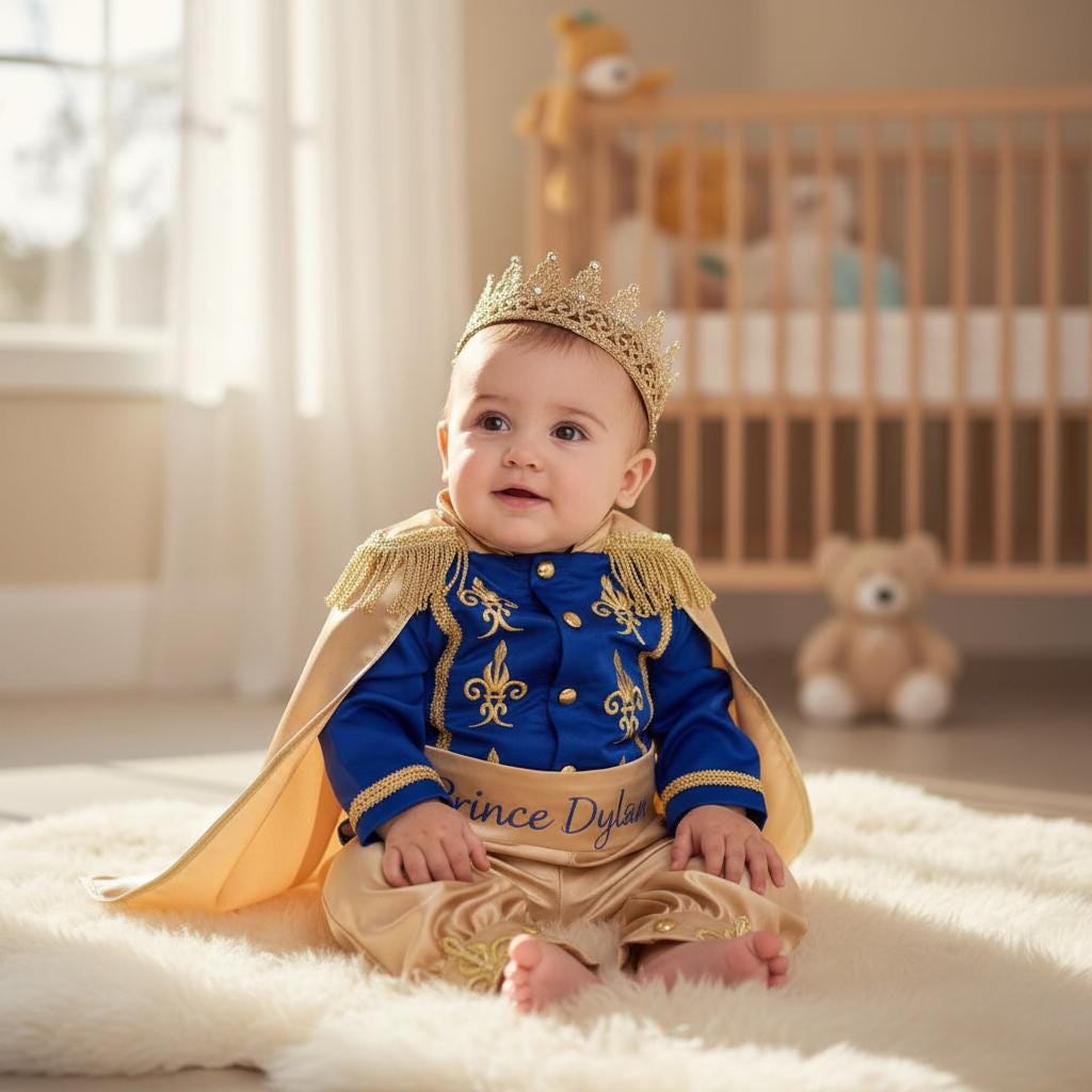 Personalized Royal Blue Gold Prince Baby Outfit – Custom Name First Birthday Boy Costume