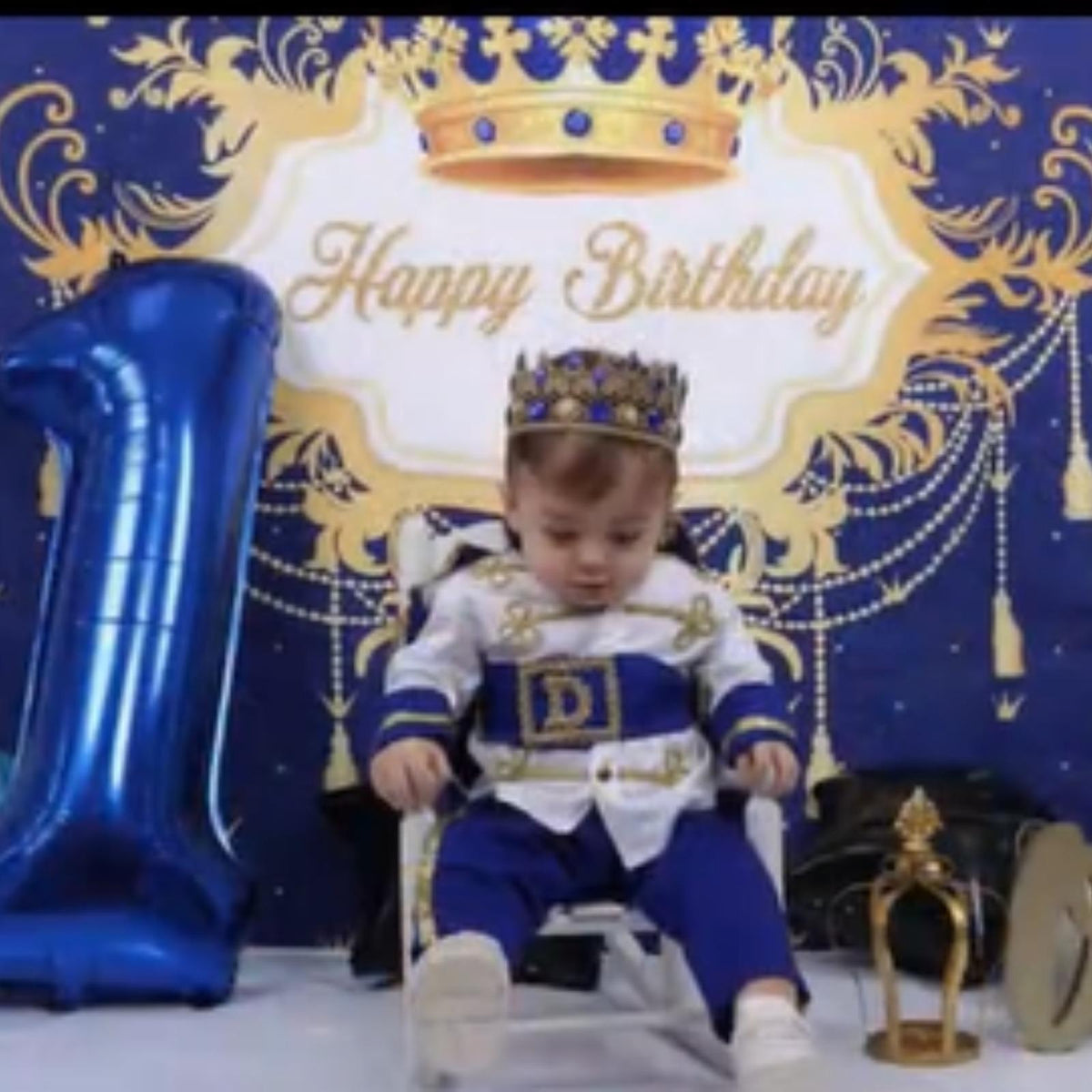 Baby Prince First Birthday Outfit | Blue & Gold Cake Smash Costume – close-up