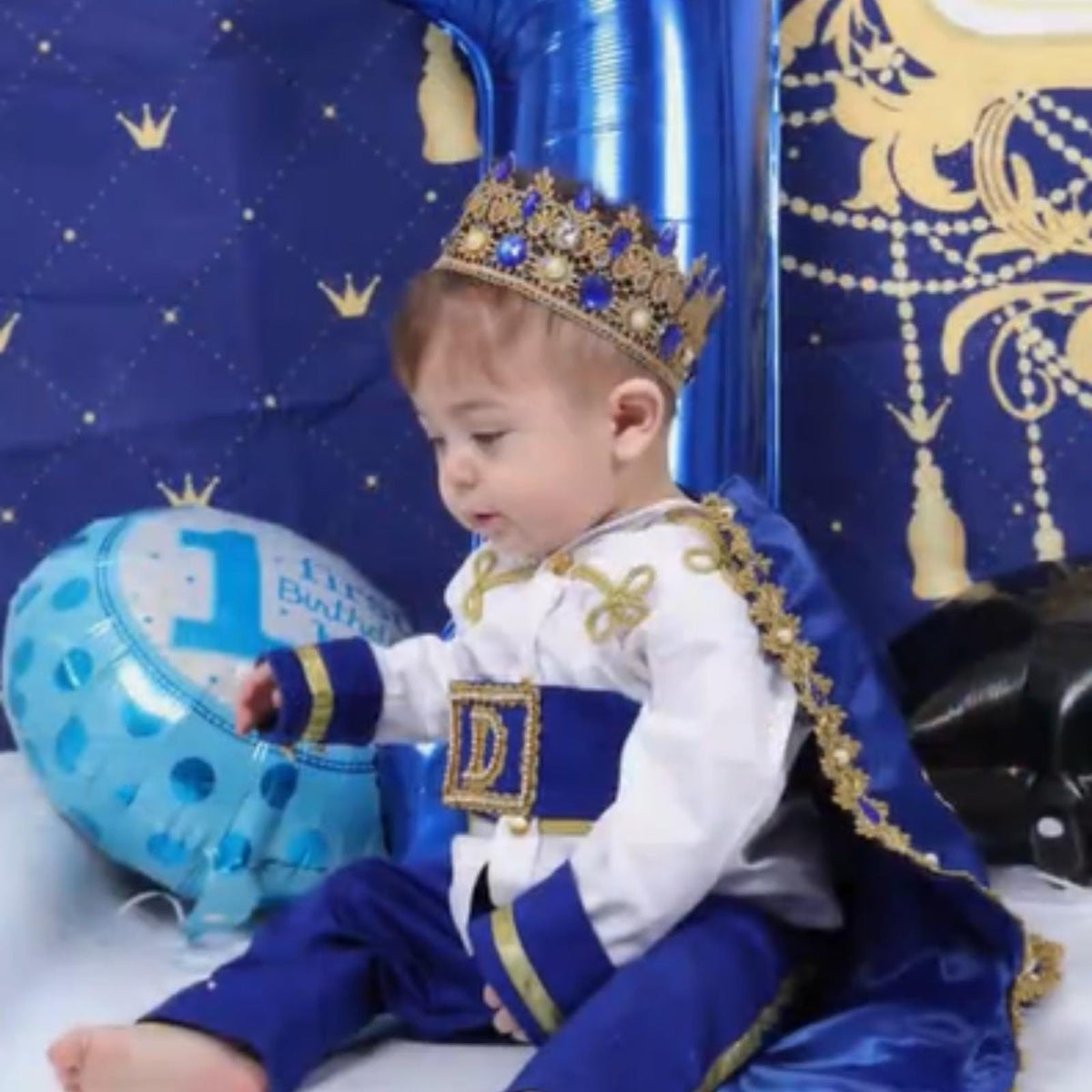 Baby Prince First Birthday Outfit | Blue & Gold Cake Smash Costume – side view