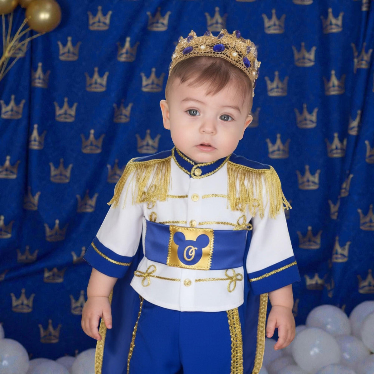Baby Prince First Birthday Outfit | Royal Blue & Gold Cake Smash Costume – detail shot