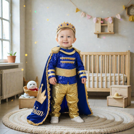 Royal Blue Gold First Birthday Prince Outfit – Personalized Baby Boy Luxury Set
