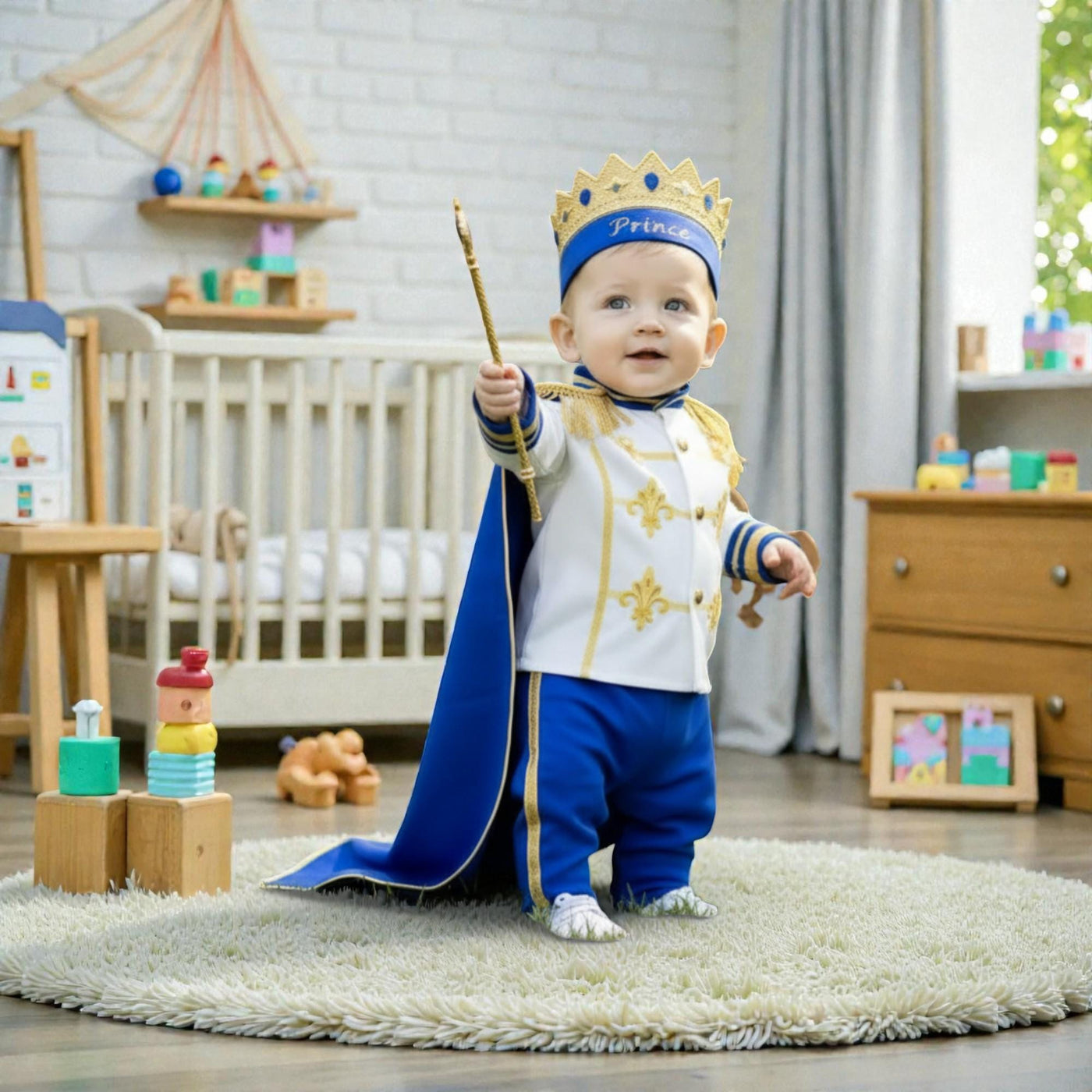 Custom Baby Boy Prince Outfit Blue Gold Birthday Suit – detail shot