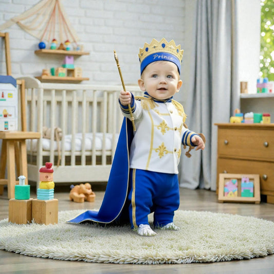 Custom Name Baby Prince Birthday Outfit – Royal Blue Gold Cake Smash Costume – LittleCrownAtelier