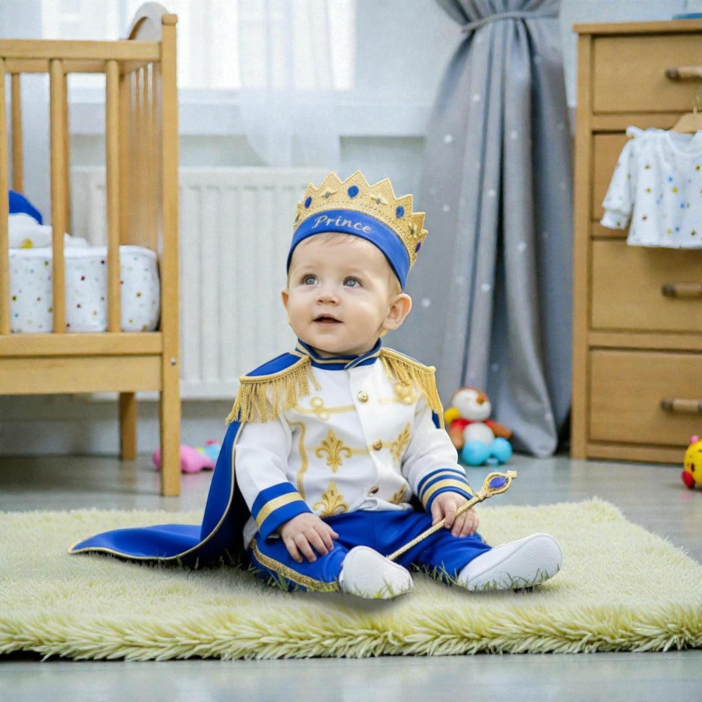 Custom Name Baby Prince Birthday Outfit – Royal Blue Gold Cake Smash Costume – LittleCrownAtelier