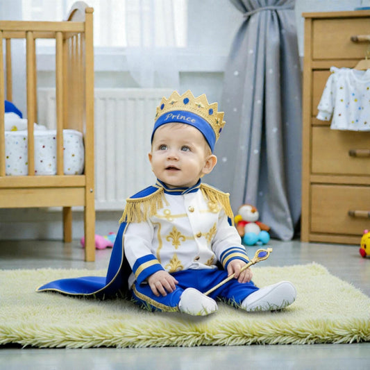 Custom Name Baby Prince Birthday Outfit – Royal Blue Gold Cake Smash Costume – LittleCrownAtelier