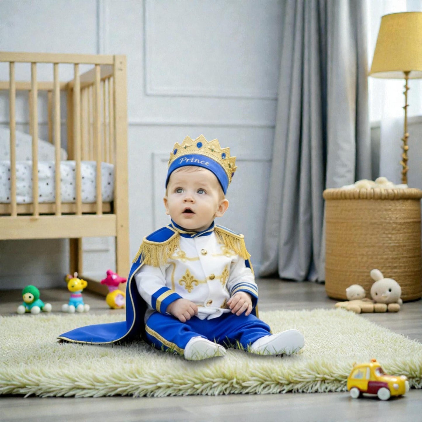 Custom Name Baby Prince Birthday Outfit – Royal Blue Gold Cake Smash Costume – LittleCrownAtelier
