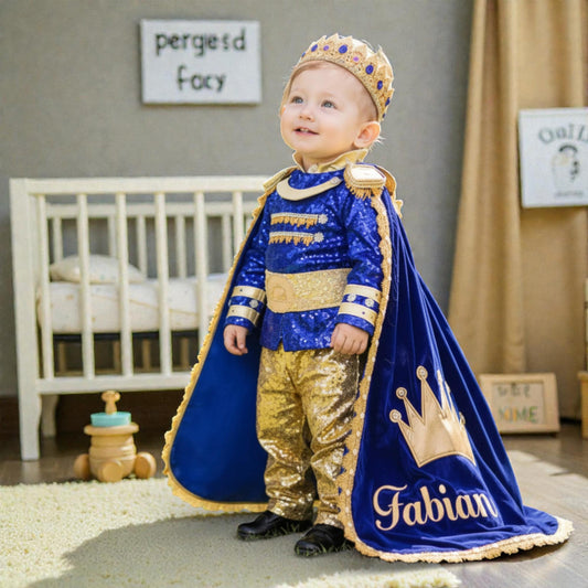 Bespoke Royal Prince Baby Outfit with Name Cape – Luxury Blue Gold First Birthday Costume – LittleCrownAtelier