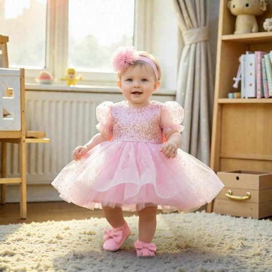 Pink Princess Baby Dress – Luxury Tulle Birthday Outfit – Handmade Toddler Party Dress