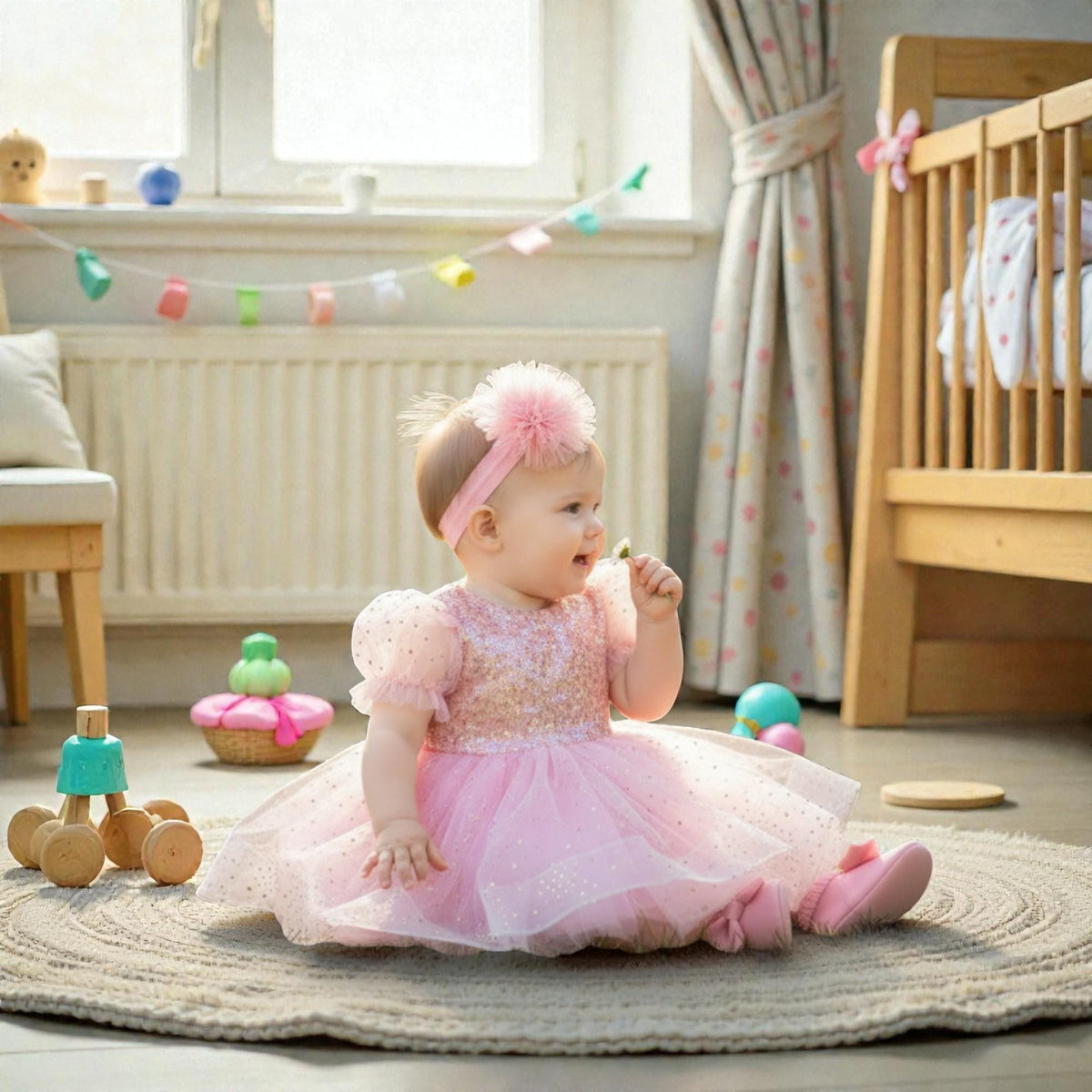 Pink Princess Baby Dress – Luxury Tulle Birthday Outfit – Handmade Toddler Party Dress – detail shot