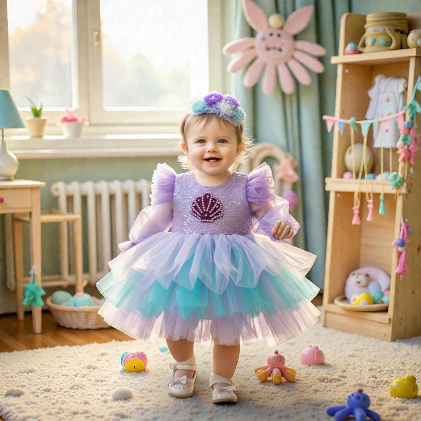 Purple Mermaid Toddler Dress – Handmade Tulle Birthday Outfit – Luxury Girl Party Dress