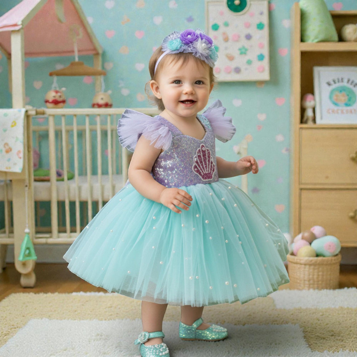 Mint Mermaid Baby Dress – Handmade Tulle Birthday Outfit – Elegant Toddler Party Dress – close-up