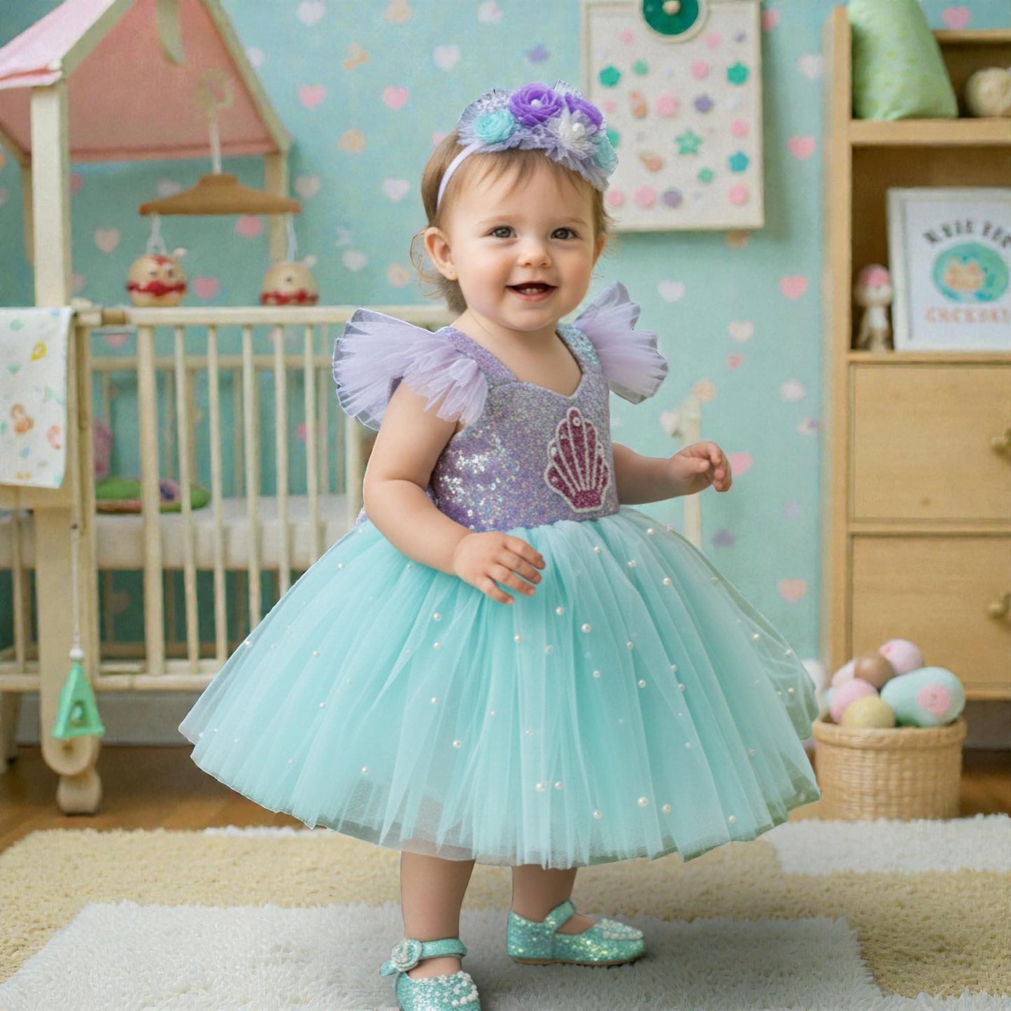 Mint Mermaid Baby Dress – Handmade Tulle Birthday Outfit – Elegant Toddler Party Dress