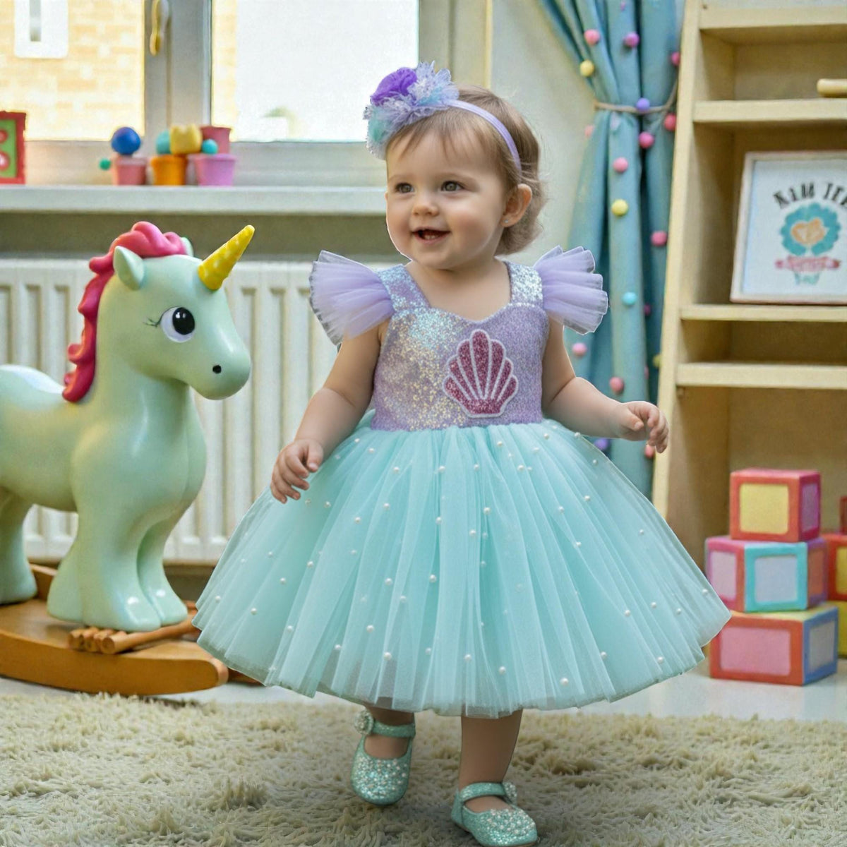 Mint Mermaid Baby Dress – Handmade Tulle Birthday Outfit – Elegant Toddler Party Dress – styled look