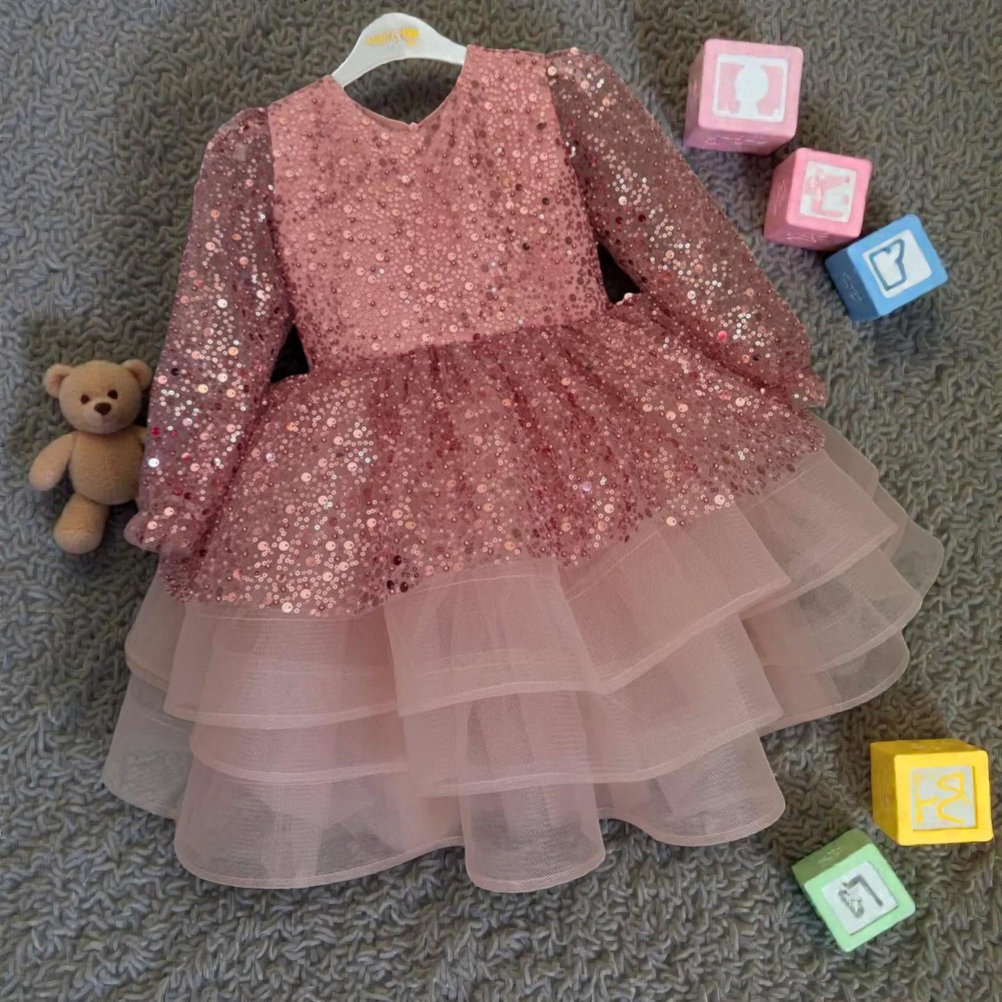 Rose Gold Sequin Baby Dress – Luxury Toddler Birthday Gown – Handmade Party Outfit