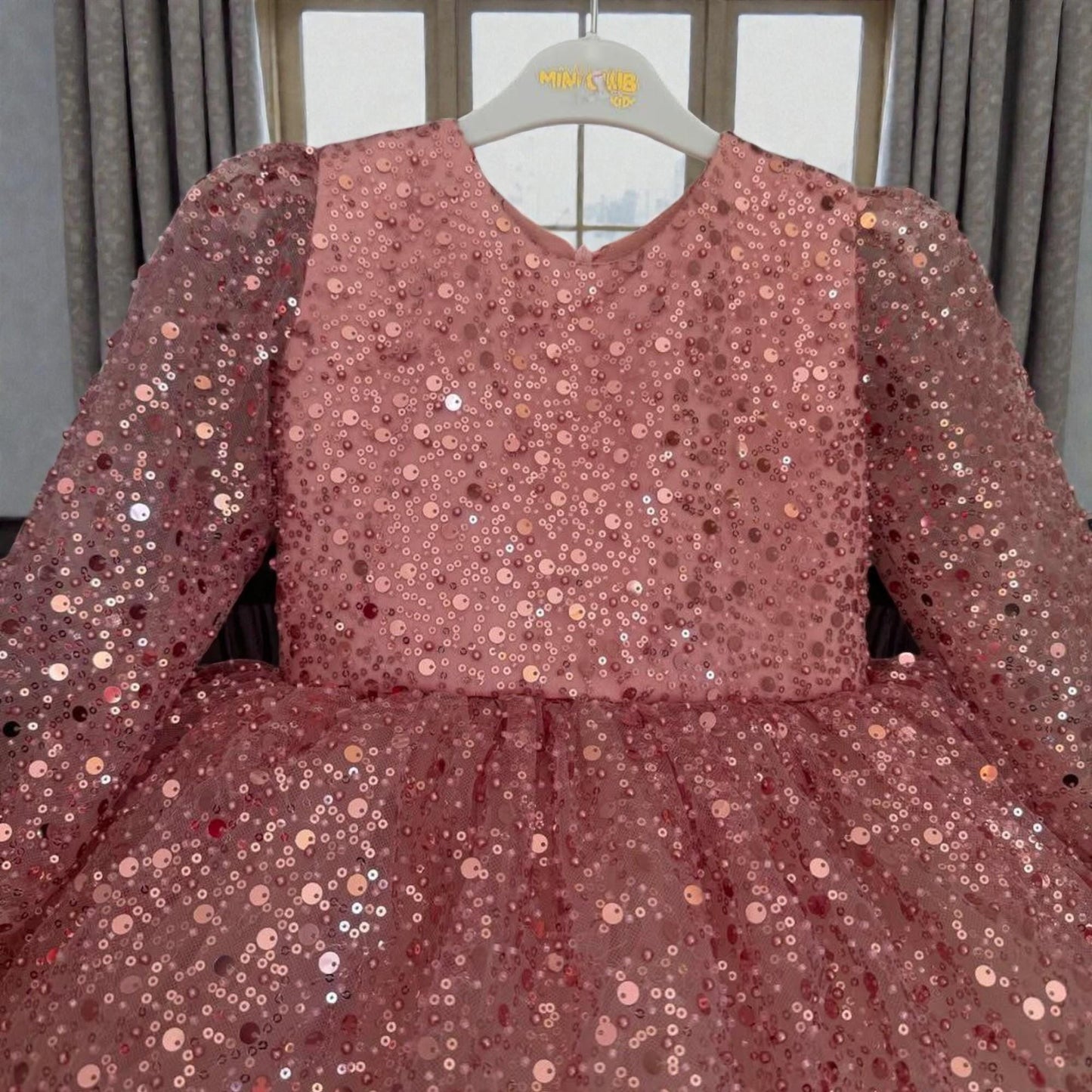 Rose Gold Sequin Baby Dress – Luxury Toddler Birthday Gown – Handmade Party Outfit