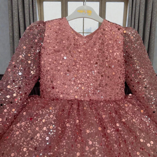 Rose Gold Sequin Baby Dress – Luxury Toddler Birthday Gown – Handmade Party Outfit