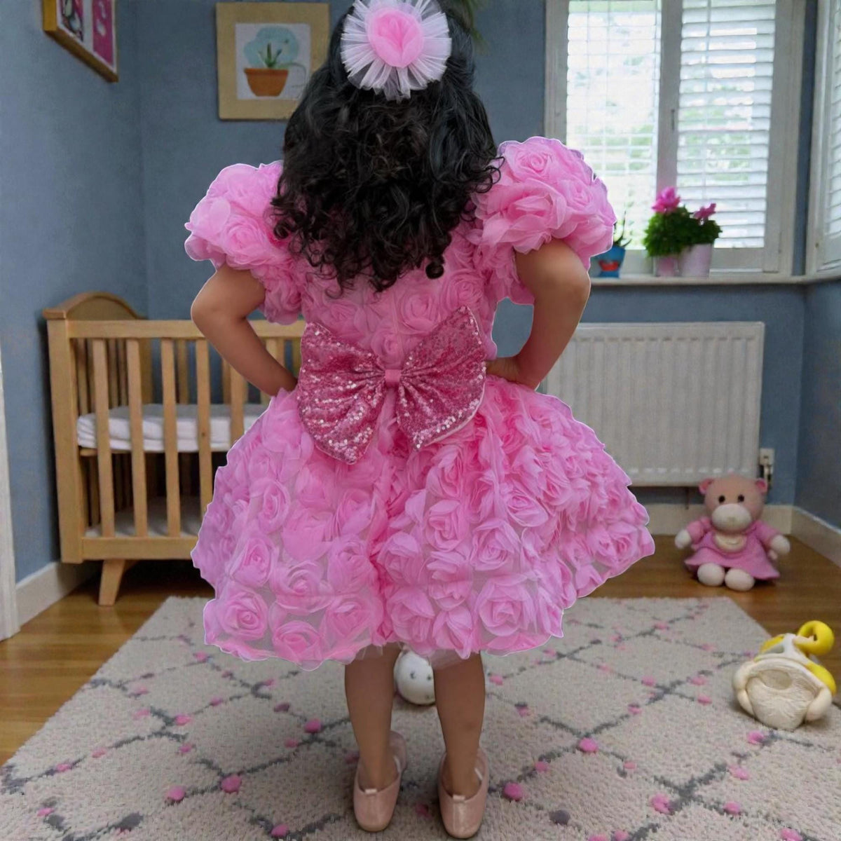 3D Floral Pink Baby Dress – Luxury Handmade Birthday Outfit – Couture Toddler Party Dress – detail shot