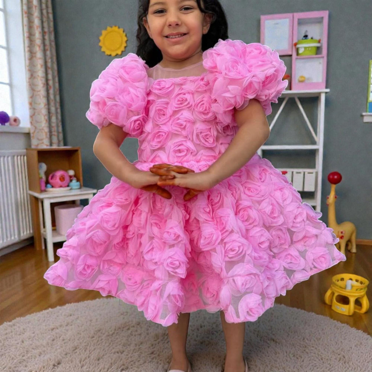3D Floral Pink Baby Dress – Luxury Handmade Birthday Outfit – Couture Toddler Party Dress – close-up