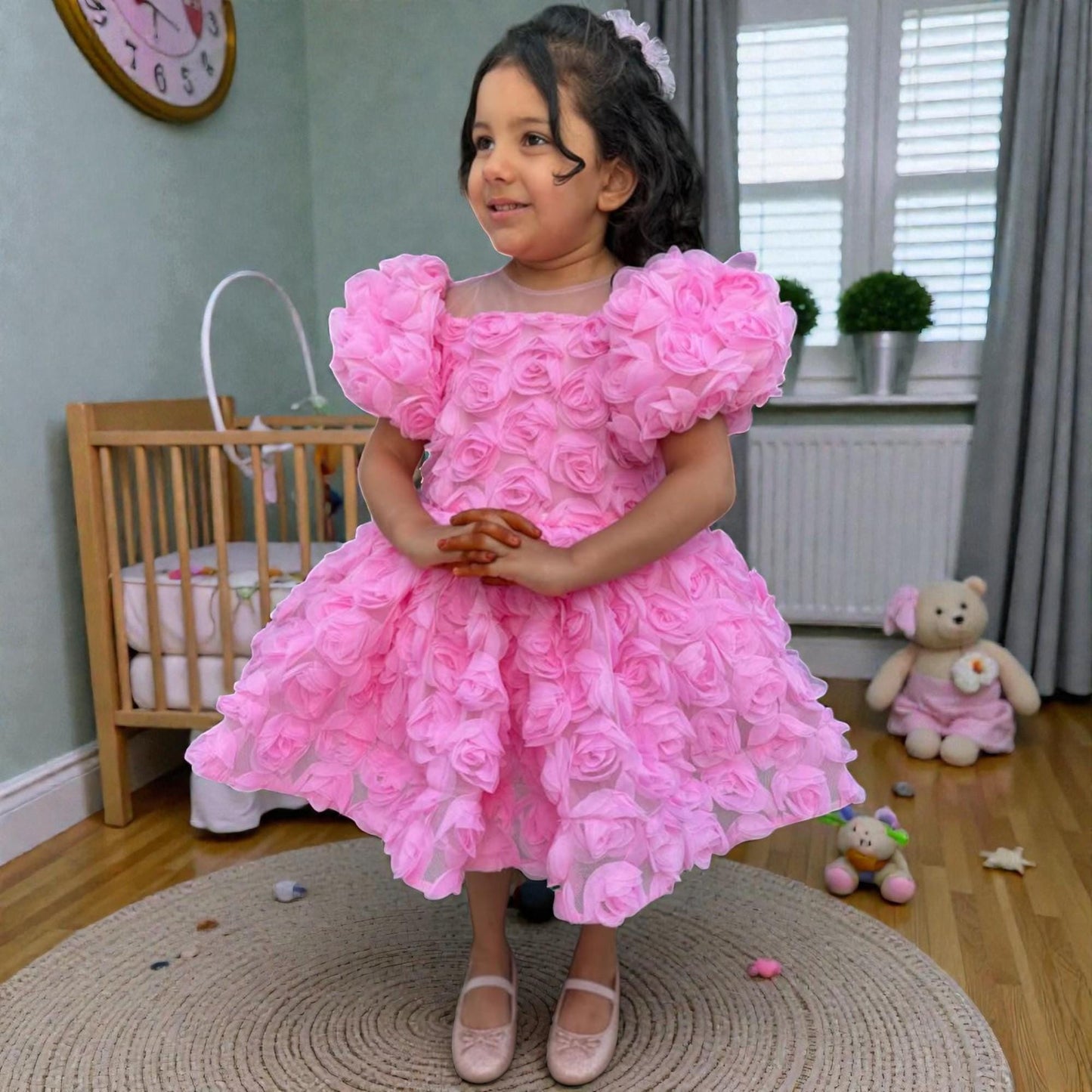 3D Floral Pink Baby Dress – Luxury Handmade Birthday Outfit – Couture Toddler Party Dress