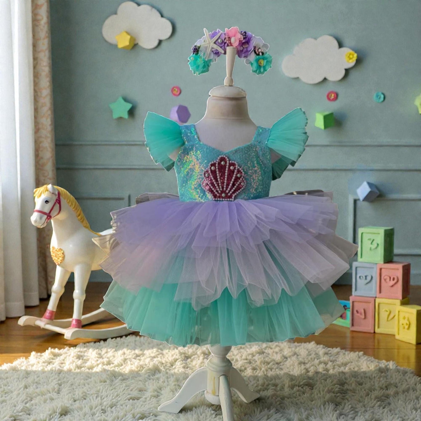 Pastel Mermaid Baby Dress – Purple Mint Tulle Birthday Outfit – Handmade Toddler Party Dress for birthdays