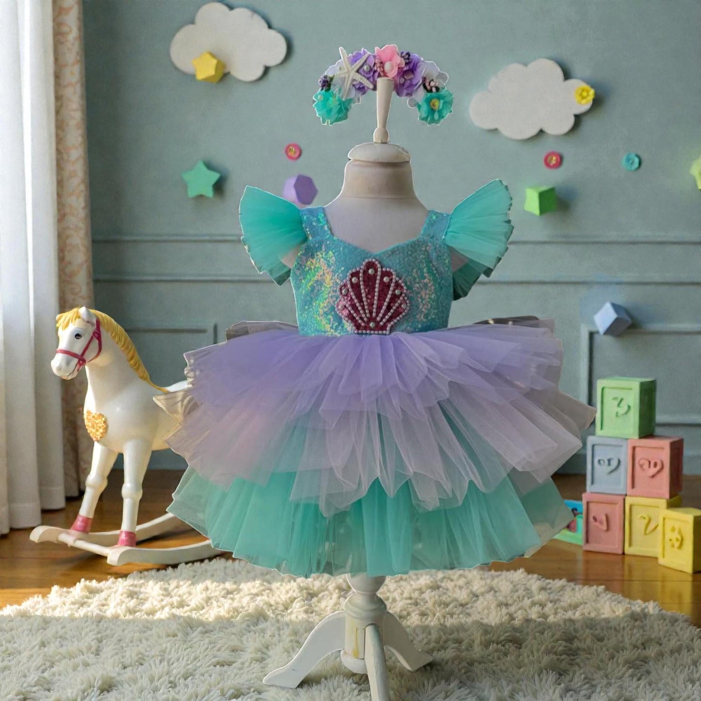 Pastel Mermaid Baby Dress – Purple Mint Tulle Birthday Outfit – Handmade Toddler Party Dress