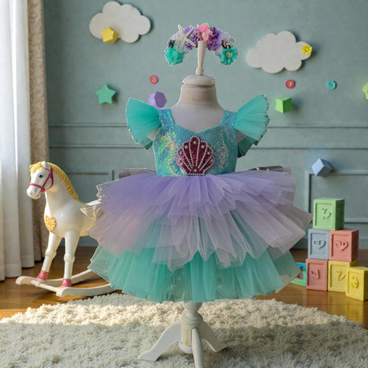 Pastel Mermaid Baby Dress – Purple Mint Tulle Birthday Outfit – Handmade Toddler Party Dress