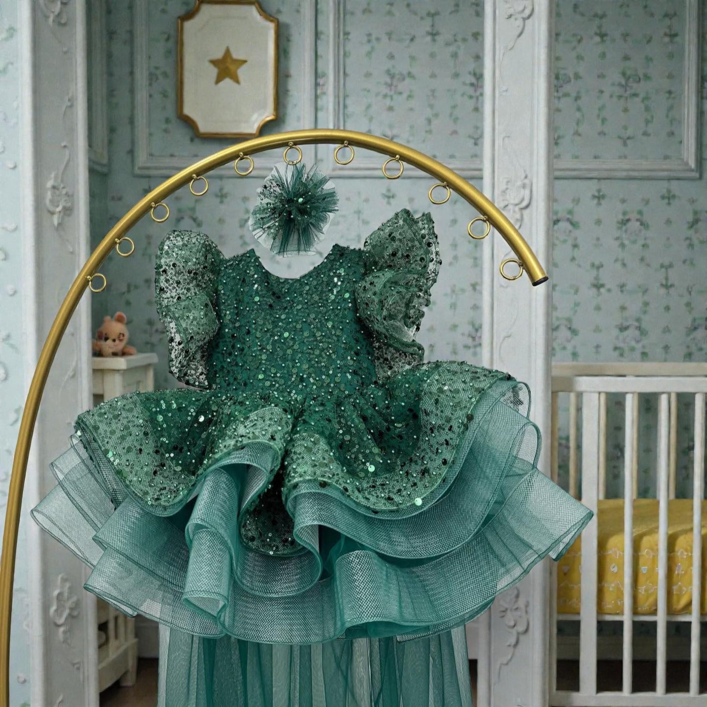 Emerald Green Sequin Baby Dress – Luxury Handmade Birthday Gown – Elegant Toddler Outfit